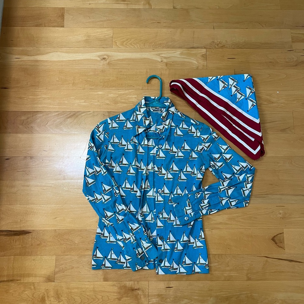 Vintage Elegance AE Blue Sailboat Print Shirt
